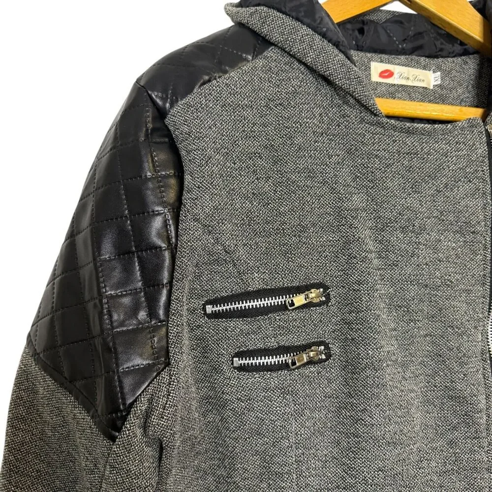 Xian‎ Xian Lined Jacket Coat Black Grey Leather Outercoat Women Size XL NWOT